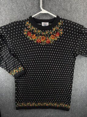Cape Isle Knitters Women Sweater Small Floral Embroidered Pullover Knit Crew